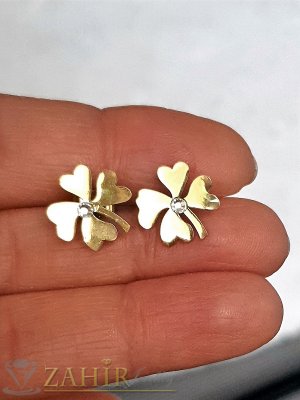 Нежни обеци от медицинска стомана с малки 1,2 см стоманени цветчета с кристал, закопчаване на винт, златно покритие- O2758